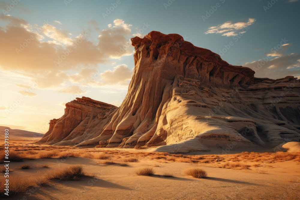 The sun setting behind a desert rock formation, casting dramatic shadows on the arid landscape. Concept of geological wonders and solitude. Generative Ai.