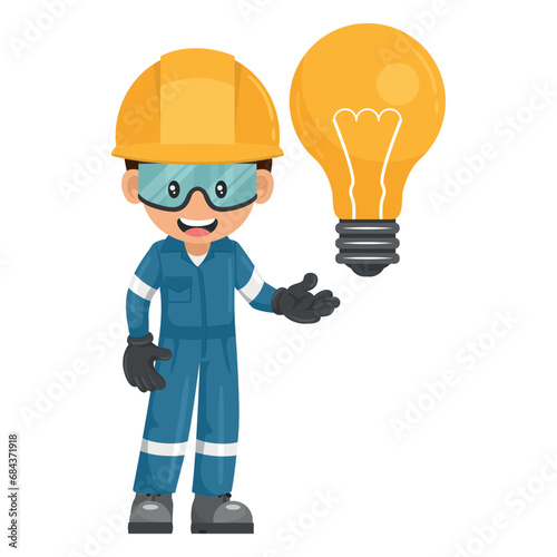 Industrial mechanic worker with a giant light bulb. Supervisor engineer with his coverall and personal protective equipment with creative idea symbol. Industrial safety and occupational health at work
