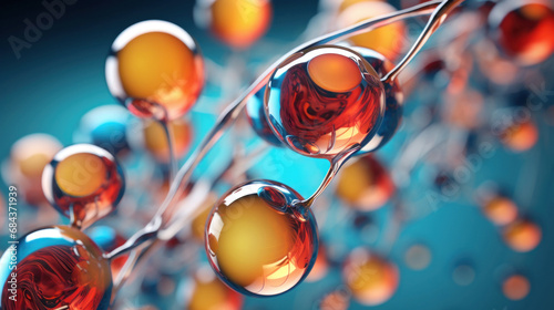 Atoms and molecules. Colorful Spheres in Motion. Futuristic Geometry Abstract background. Science or medical backdrop. Concept of science, chemistry, medicine, technology, networks. Copy Space