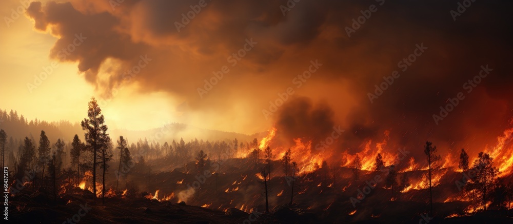 Daytime view of a nearby forest wildfire. Daytime view of a nearby forest wildfire.