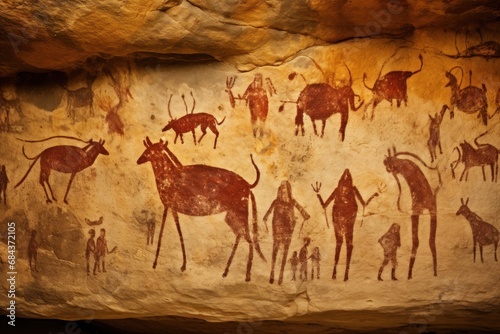 Cave painting. Ancient Cave Art. Old rock paintings of primitive people. Stone Age. History and archaeology. Art and drawings of cavemen. Glimpse into Prehistoric Life.