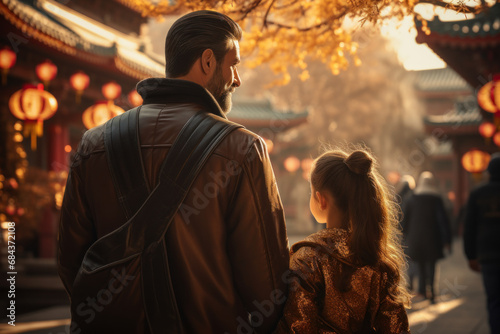 A family visiting a Confucius temple to pay their respects and seek wisdom. Concept of education and cultural values. Generative Ai.