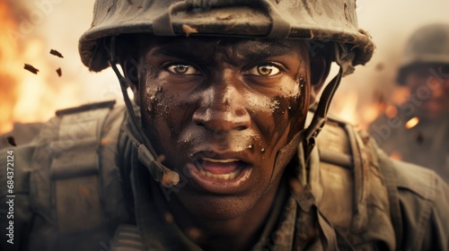 Dramatic depiction of soldier in a warzone, with fire and debris creating a chaotic backdrop. African American young male warrior wearing a helmet. Hostilities