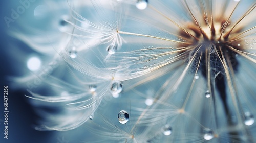A close-up of a dew-covered dandelion seed head, with open space for text placement.