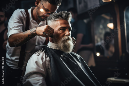 A barber finishing a haircut with a straight razor line-up, creating a sharp and well-defined look. Concept of stylish grooming. Generative Ai.