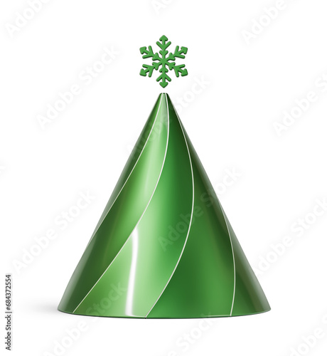 Green and silver Christmas tree in abstract cone shape. New Year's decoration isolated on transparent background. 3D render