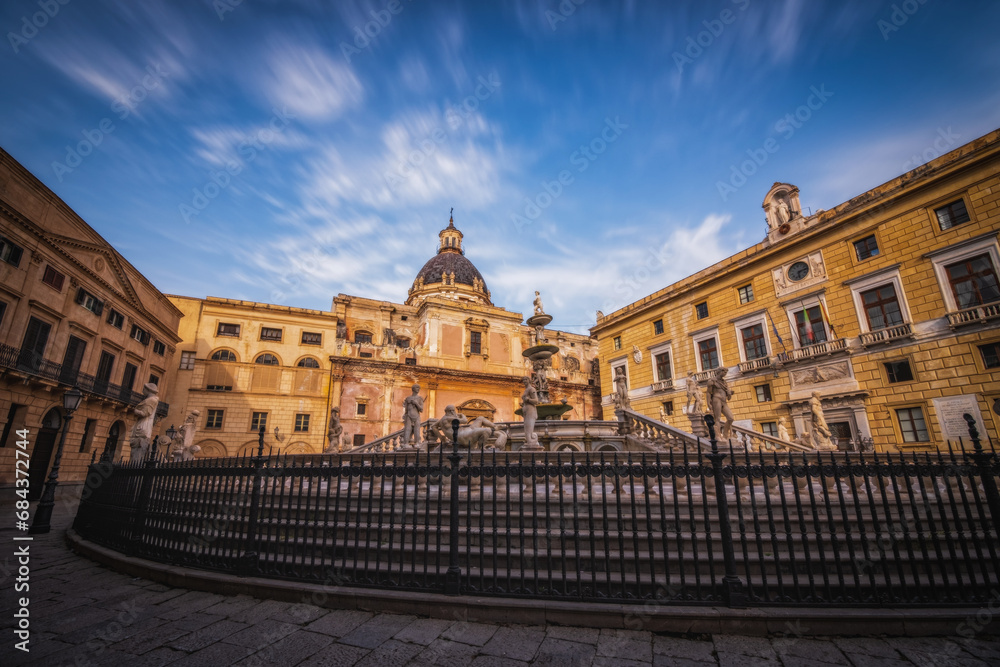 Palermo, Sicily, Italy: baroque Piazza Pretoria. This landmark is also known as square of Shame and is located in the exact center of the historic city of Palermo. June 2023, long exposure picture.