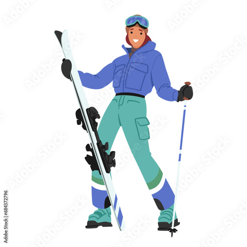 Girl Skier Strikes A Pose, Capturing The Essence Of Winter Beauty. Young Female Character Wearing Skier Gear and Clothes