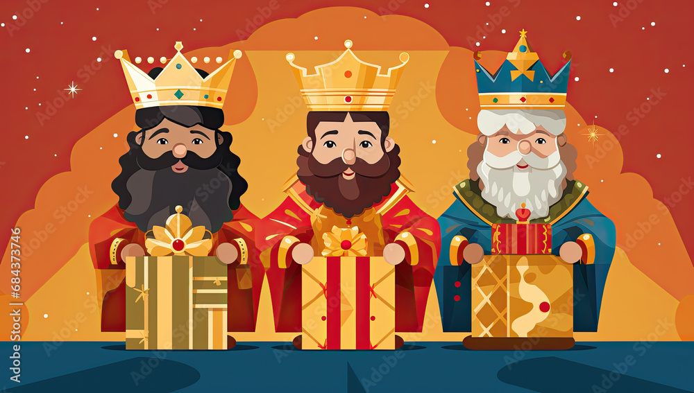 Φωτογραφία dibujo de los reyes magos de oriente Melchor, Gaspar y Baltasar sosteniendo unos