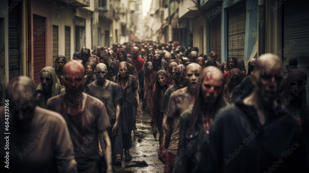 Crowd of rotten zombies lurking on streets of destroyed city, apocalypse concept - obrazy, fototapety, plakaty 
