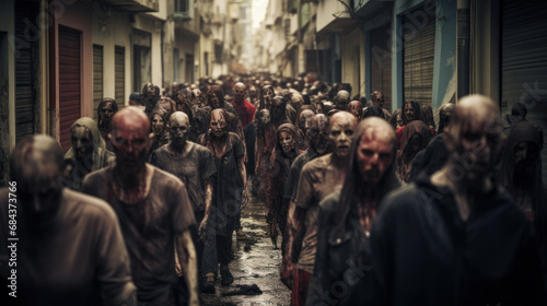 Crowd of rotten zombies lurking on streets of destroyed city, apocalypse concept