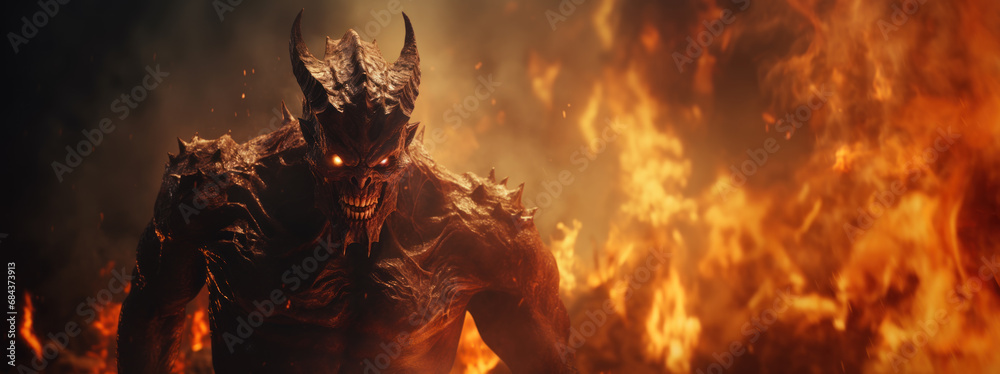 Scary burning demon in hell, copy space Scary burning demon in hell, copy space