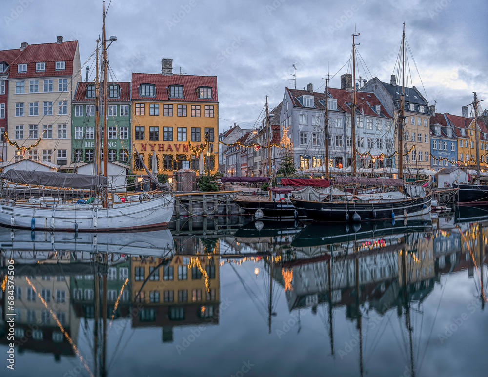 christmas decorations at the Nyhavn canal in Copenhagen in the blue hour