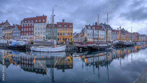 Panorama of nyhamns canal in copenhagen during the blue hour  November 25  2023