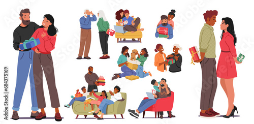Festive Spirits Soar As People Joyfully Exchange Gifts, Laughter Echoing In The Air. Each Wrapped Surprise, Vector Set