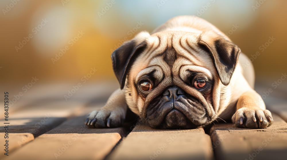 Sad pug puppy dog on wooden floor.