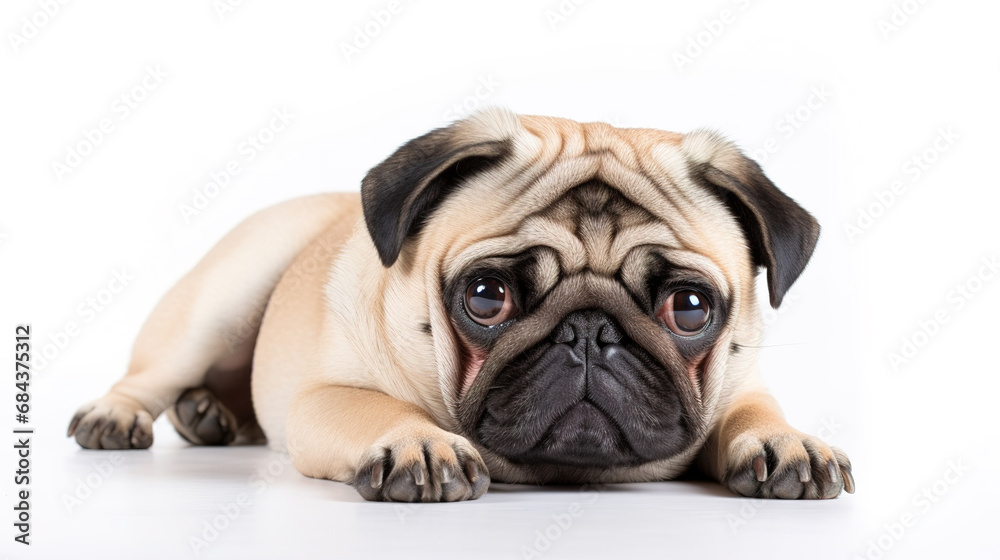 Sad pug puppy dog isolated on white background.