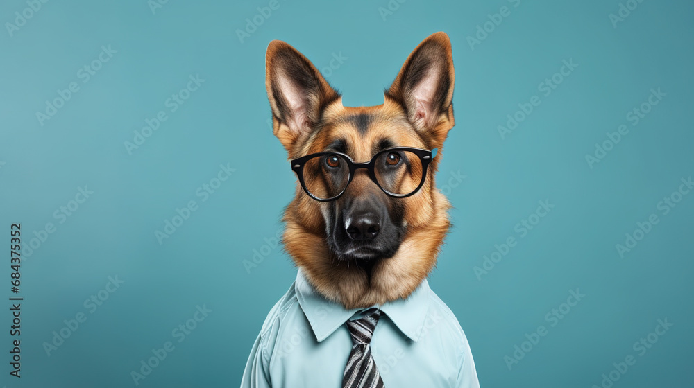 Cool looking german shepherd dog teacher wearing a shirt and tie. on wooden floor.