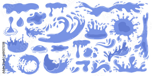 Set Of Cartoon Vibrant Water Splashes Dance In The Air, A Symphony Of Liquid Chaos Frozen In Time, Playful Liquid Aqua