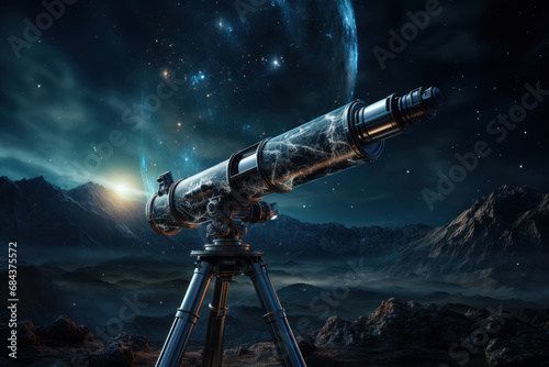 A telescope focused on distant galaxies, representing the visionary outlook and exploration inherent in groundbreaking concepts. Concept of visionary exploration. Generative Ai.