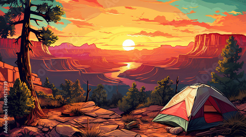 scenic view of campsite in grand canyon national park Arizona during sunrise or sunset. Colorful Comic style illustration.