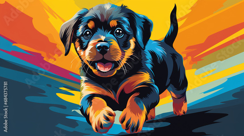 Adorable Rottweiler puppy dog running in pop art style illustration. Colorful minimal vector art.