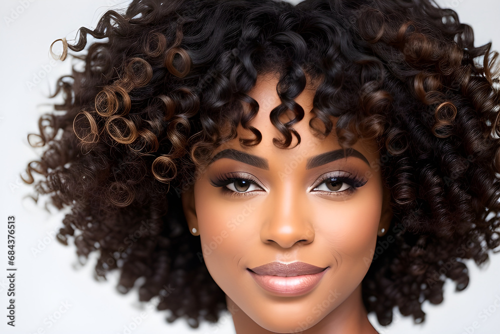 Mulher jovem negra com maquiagem e cabelos cacheados beleza modelo Mulher jovem negra com maquiagem e cabelos cacheados beleza modelo