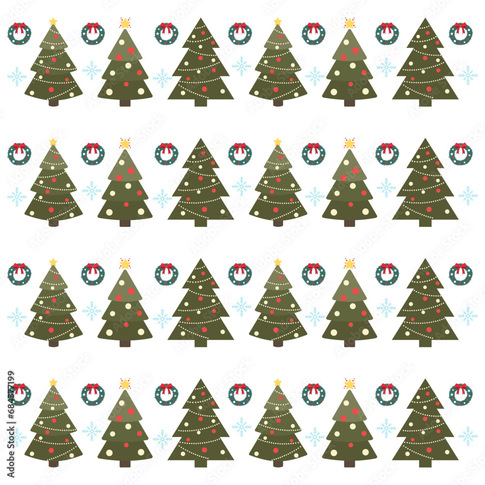 Cute merry christmas background with christmas tree, Christmas wreath and snowflake. Seamless pattern background christmas party.