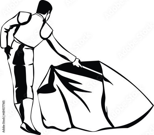 Cartoon Black and White Isolated Illustration Vector Of A Bullfighter with Muleta