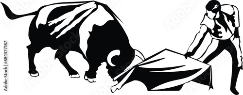 Cartoon Black and White Isolated Illustration Vector Of A Bull Charging at a Bullfighter Holding A Muleta photo
