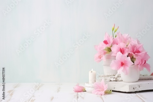 Flowers in a vase peonies and roses soft pastel color on wooden background. Beautiful composition. Valentine s Day  Easter  Birthday  Happy Women s Day  Mother s Day. View copy space