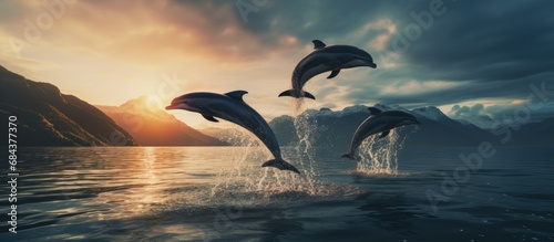 Dolphins leaping from water together. © 2rogan