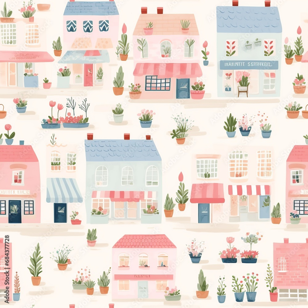 Serene Cozy Cafes and Flower Shops: Pastel Watercolor Seamless Pattern