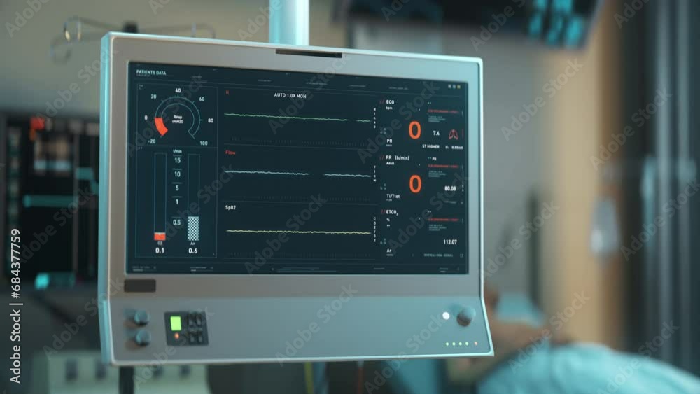 Electronic Equipment Examining Vital Parameters Displays Emergency State. Electronic Device Warns Patient Vitals In Emergency. Emergency Diagnostic By Electronic Machine. Rapid Vital Signs Decrease Electronic Equipment Examining Vital Parameters Displays Emergency State. Electronic Device Warns Patient Vitals In Emergency. Emergency Diagnostic By Electronic Machine. Rapid Vital Signs Decrease