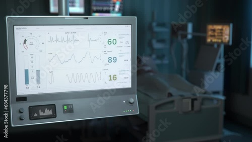 Monitoring the rate of the vital breathing marker of a sick person. Checking the rate of the vital breath signs. Detecting the rapid decline in the vital breathing rate of a hospital patient. photo