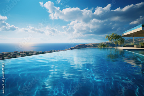 An infinity pool perched on a cliff with breathtaking ocean views. Concept of luxury and relaxation. Generative Ai.