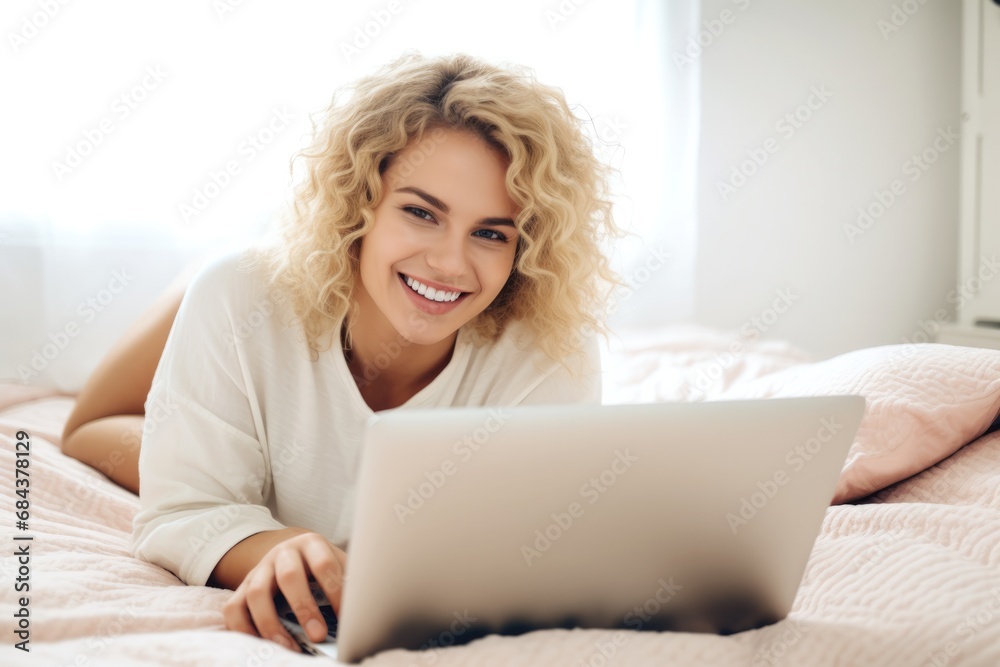 smiling attractive young blonde woman lying down in bed in front of her laptop smiling attractive young blonde woman lying down in bed in front of her laptop