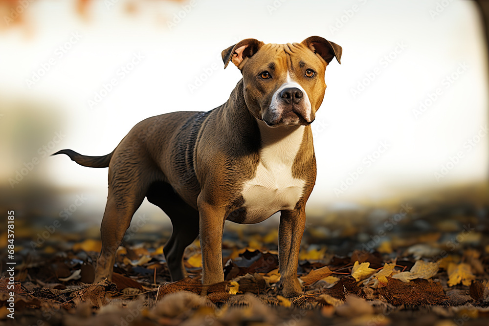 Portrait of American Staffordshire Terrier on background of nature. Ai generative art