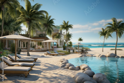 A resort pool with a sandy beach entrance, simulating a coastal experience. Concept of beachside relaxation. Generative Ai. © Sebastian