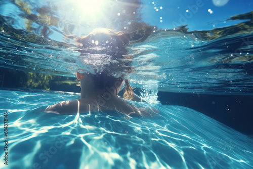 A swimmer gliding through the crystal-clear waters of an open-air pool. Concept of aquatic serenity. Generative Ai.