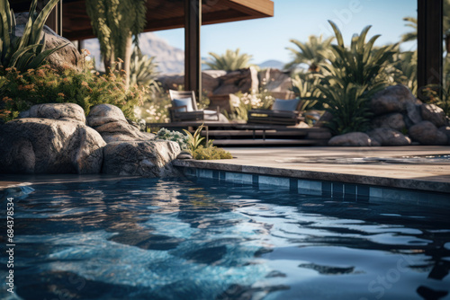 A pool with a water feature, creating a soothing ambiance with the sound of flowing water. Concept of poolside tranquility. Generative Ai.