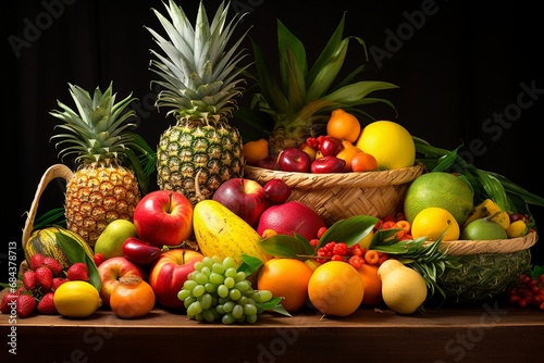 Vibrant assortment of tropical fruits like mangoes  pineapples  and kiwis.