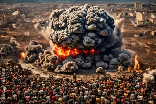 A mass explosion on earth that destroys all of humanity, scary, massive explosion, humans running away from it photo