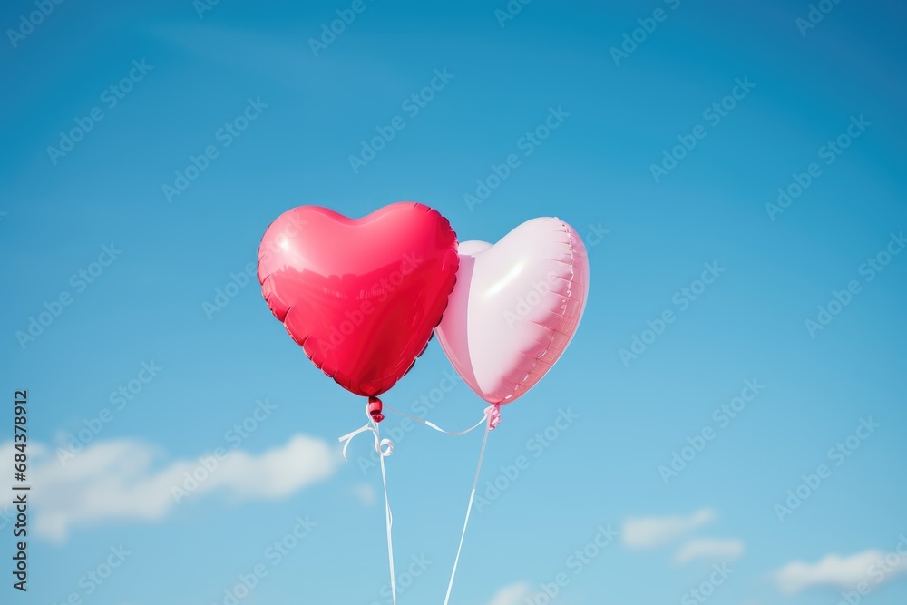 Two helium balloons in the shape of a heart are flying in the blue sky and among the white clouds. Poster and banner Valentine's Day