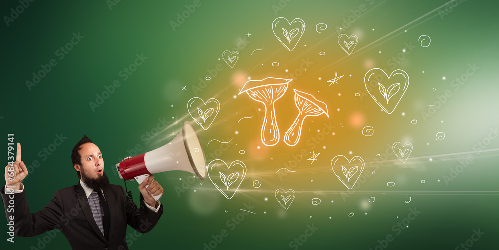 Young person with megaphone and healthy food icon Young person with megaphone and healthy food icon