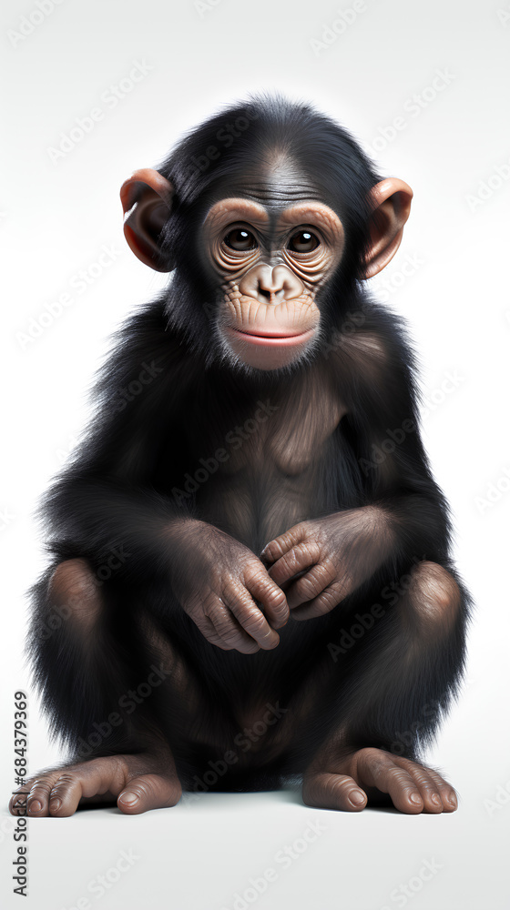 Naklejka premium Cute chimpanzee sitting isolated on white background