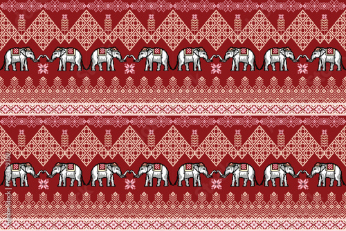 Ethnic Traditional Thai Elephant Pixel Art Seamless Pattern.  Vector design for fabric, carpet, tile, embroidery, wallpaper, and background.