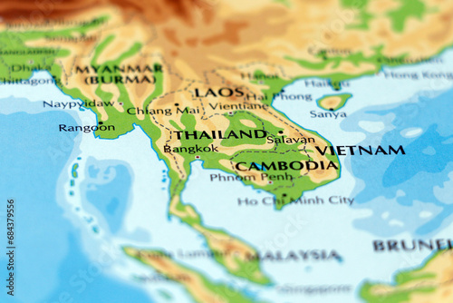 world map of southeast asia, thailand, vietnam, cambodia, laos in close up photo