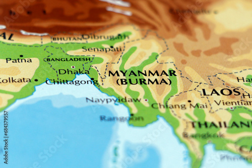 world map of asia countries, myanmar or burma, bangladesh in close up photo