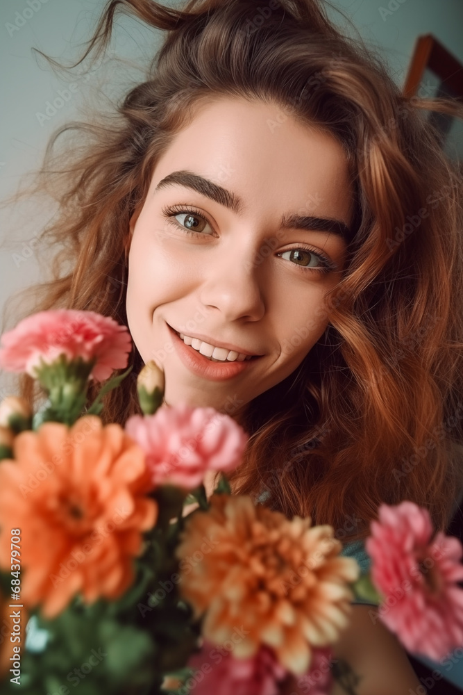 Young woman making selfie with flowers. Generative AI